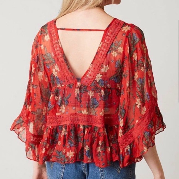 Free People Bright Lights Red Floral Chiffon Boho Peplum Top | S - Picture 3 of 10